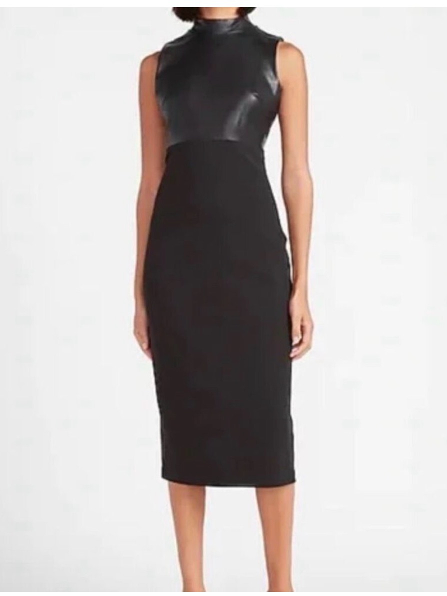 Express Black Faux-Leather Top Midi Sheath Dress